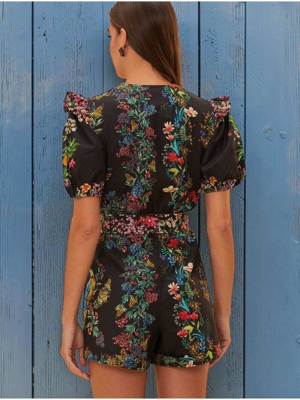 Farm Rio Delicate Forest Belted Embellished Floral Scarves Cotton Romper Medium - Picture 5 of 7